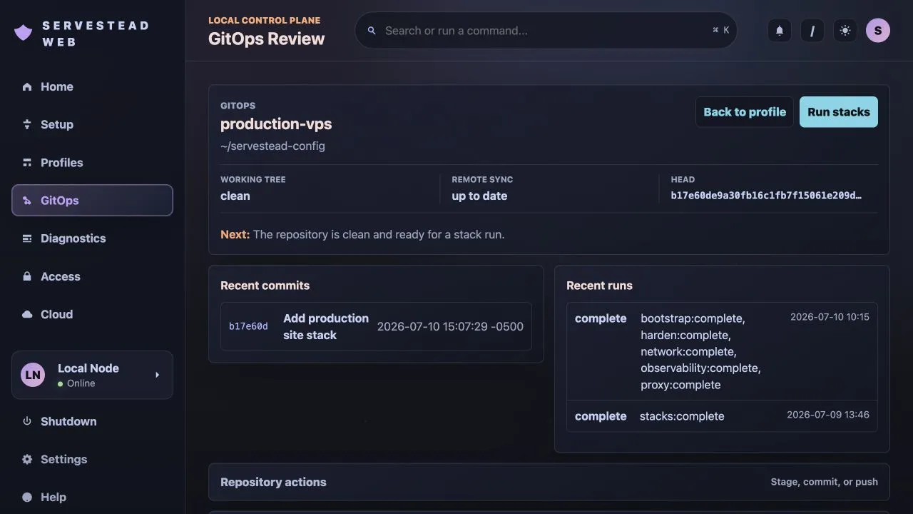 GitOps Review showing repository status, recent commits, recent runs, and guarded stack controls