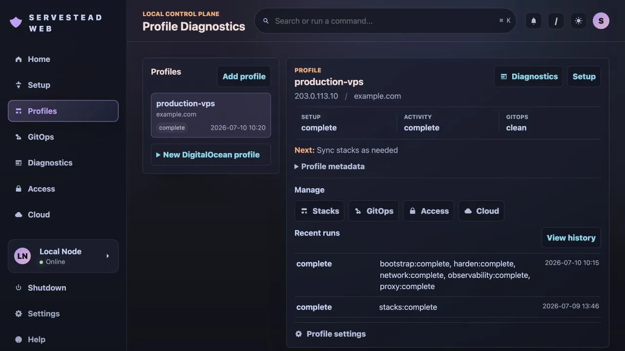 Servestead Profiles workspace showing a completed profile, clean GitOps state, management actions, and recent runs