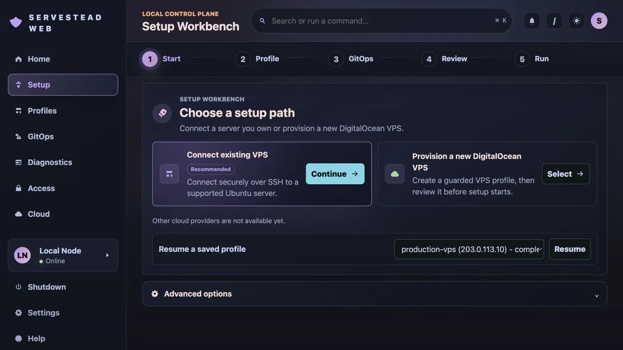 Setup Workbench showing Connect existing VPS as the recommended setup path